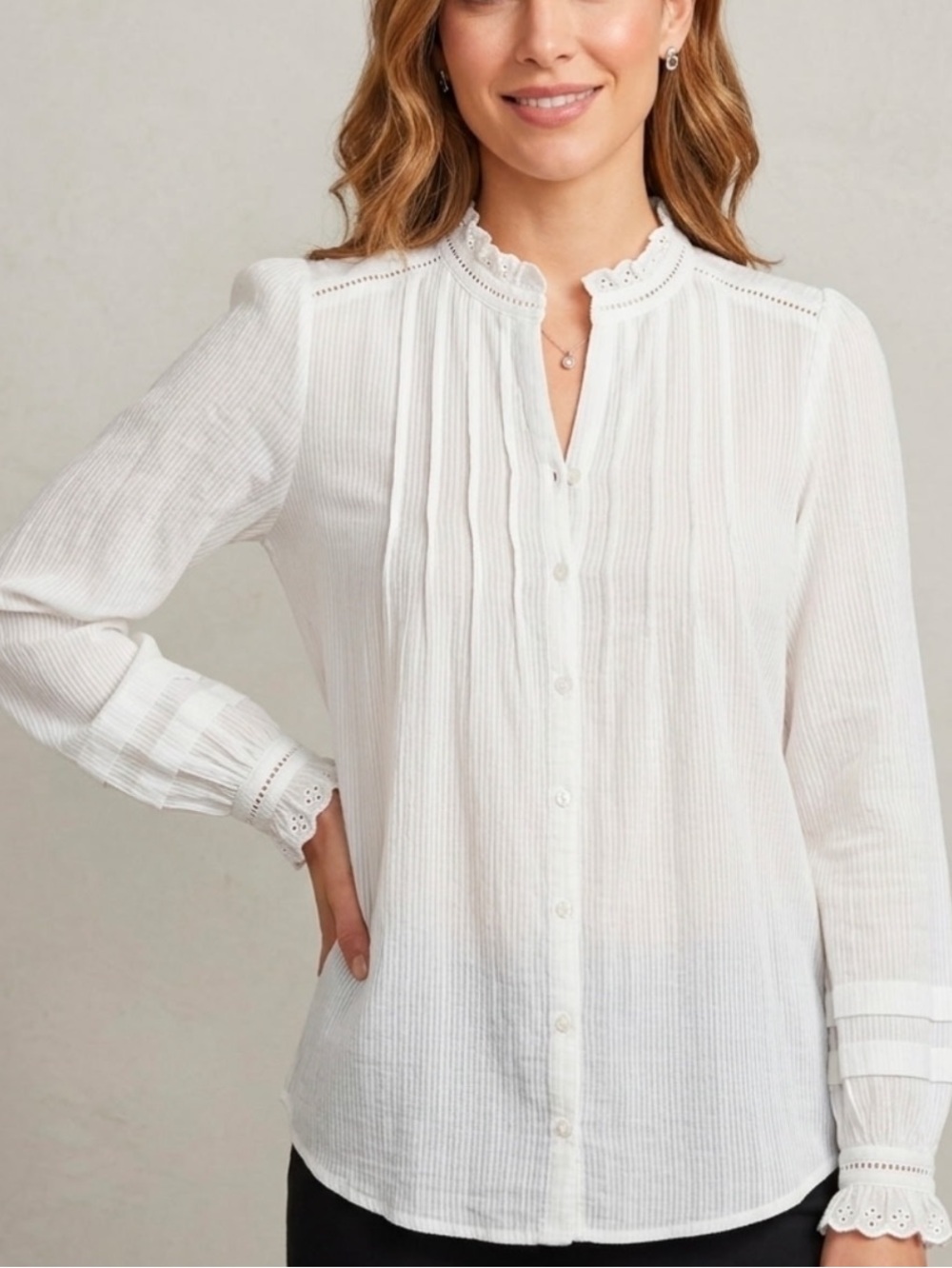 Quince White Ruffle-Neck Button Front Blouse
